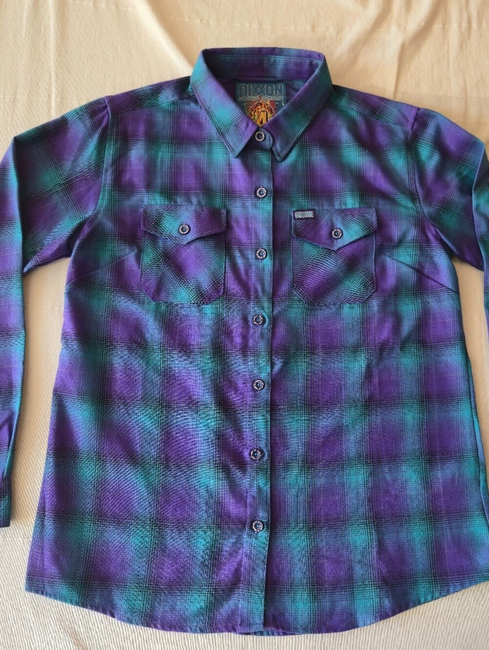Dixxon Flannel x Captain Autism Purple Teal Plaid Button-Up Shirt Womens Large